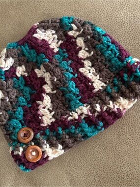 Handmade ponytail/bun hat in Teal, Plum, Cream & Brown